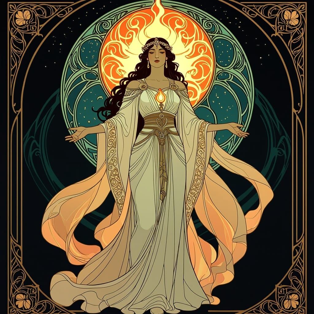 Regal Figure Embodies Sovereign Flame in Art Nouveau Futuris...