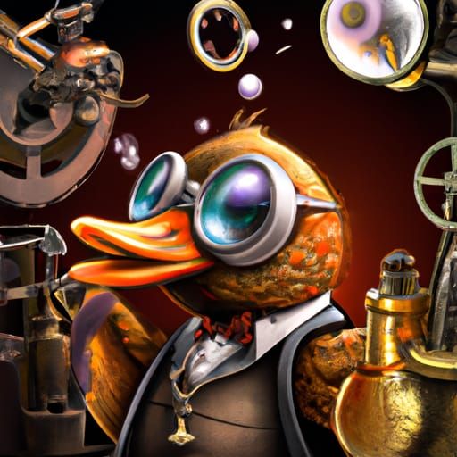 Steampunk Duck Engineer Working on Invention