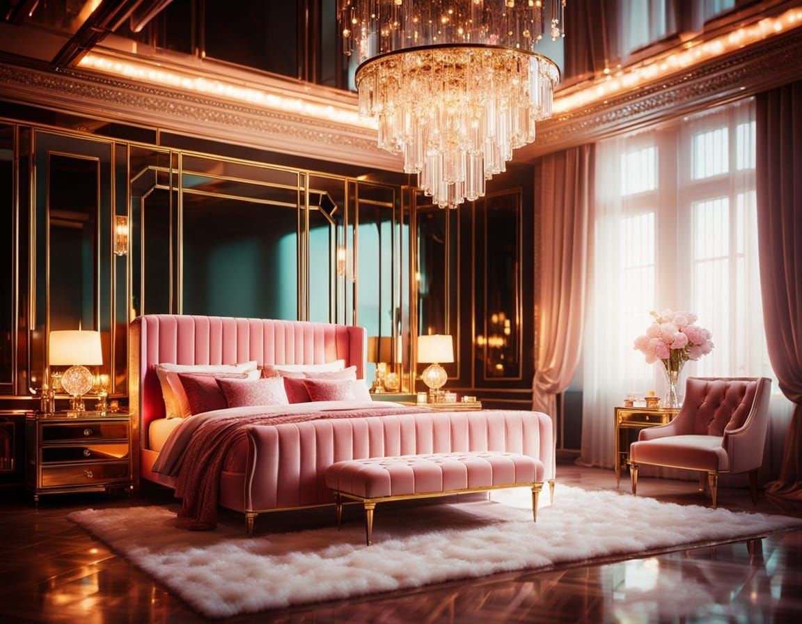 Elegant Art Deco Bedroom with Opulent Mirrors and Champagne