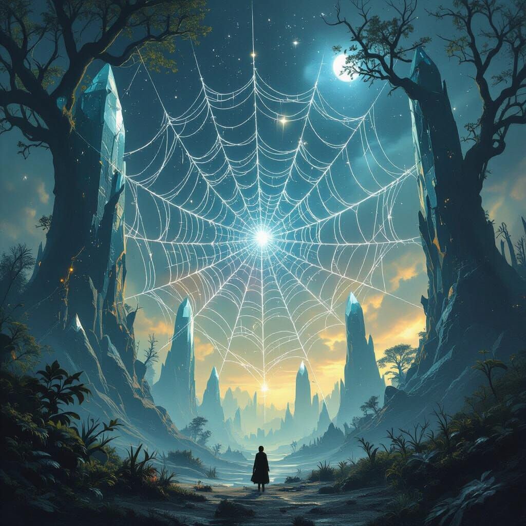 Bioluminescent Spider Web Between Crystal Trees