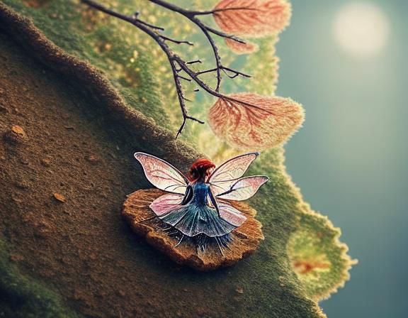 Macro Photo of a Fairy on Mushroom at Dawn