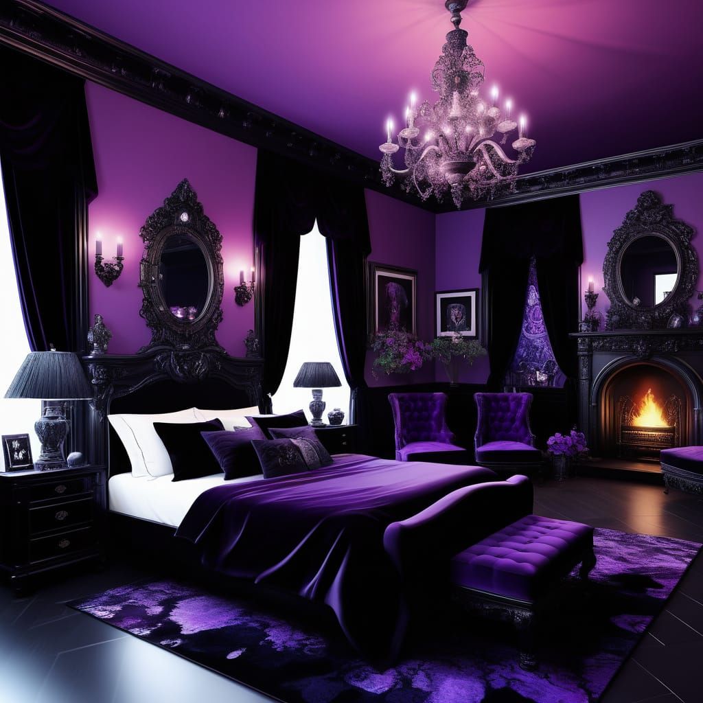 Persephone penthouse with beautiful gothic purple walls with...