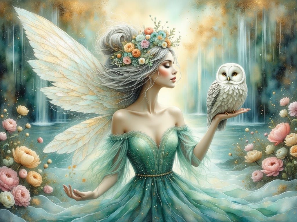 Elegant Fairy with Snowy Owl in Ethereal Garden