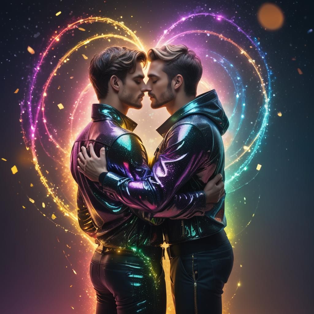 Young Male Couple's Glittering, Futuristic Embrace