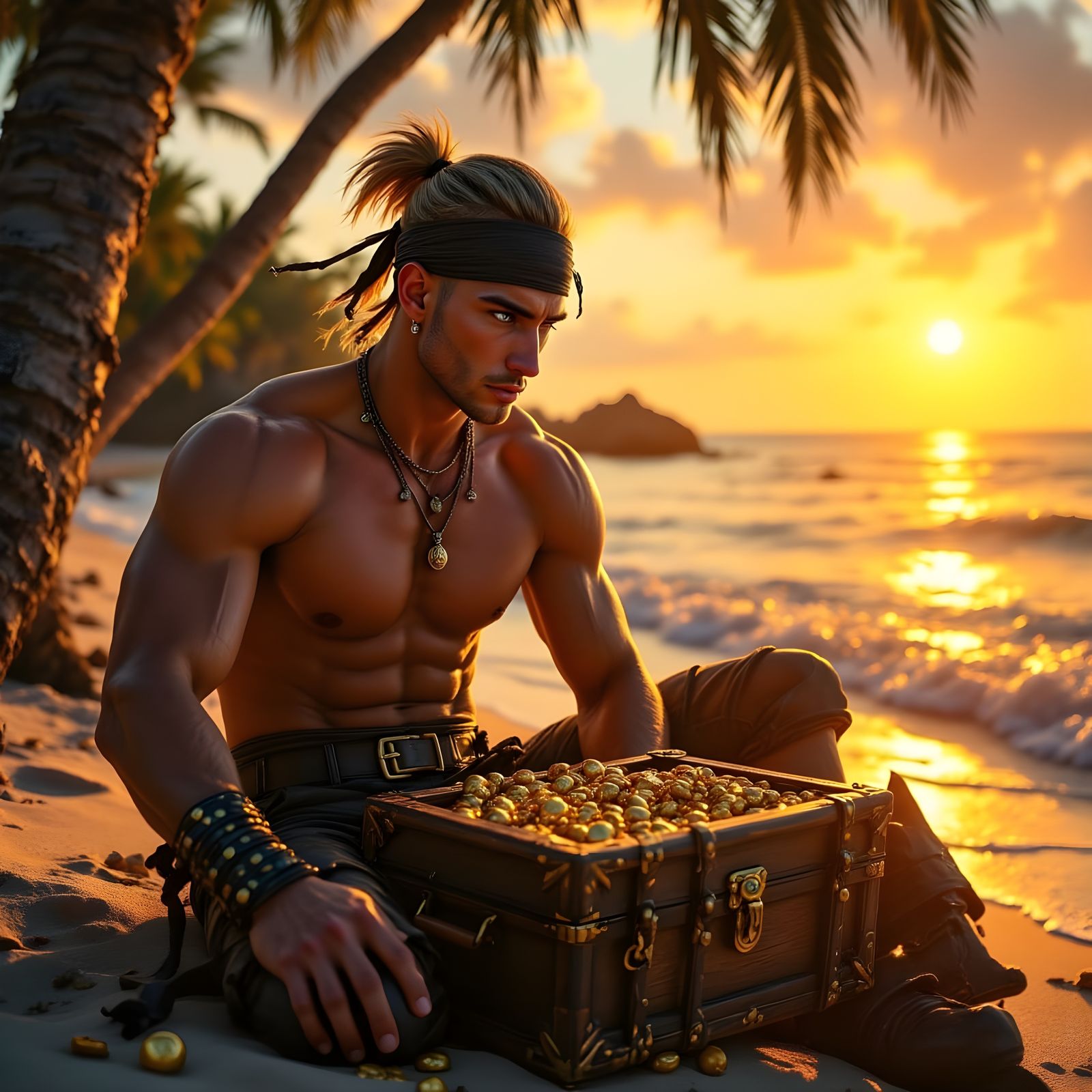 Pirate King Contemplates Treasure Chest at Sunset