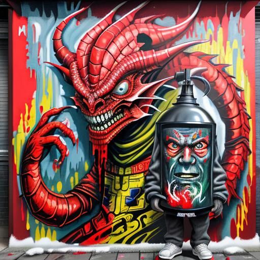 Surreal Janus Dragon in Graffiti Street Art Style