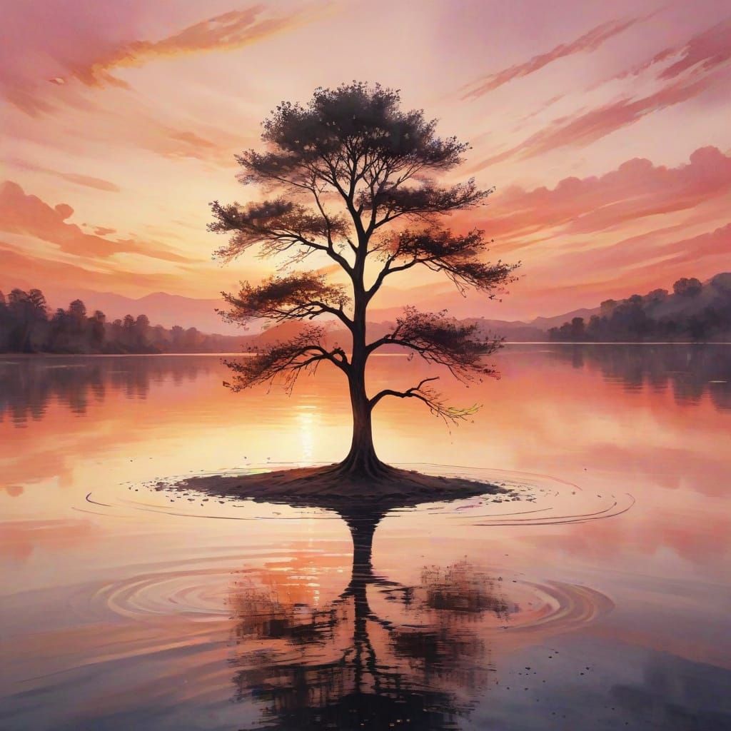 Whimsical Watercolor of a Lonely Tree at Sunset