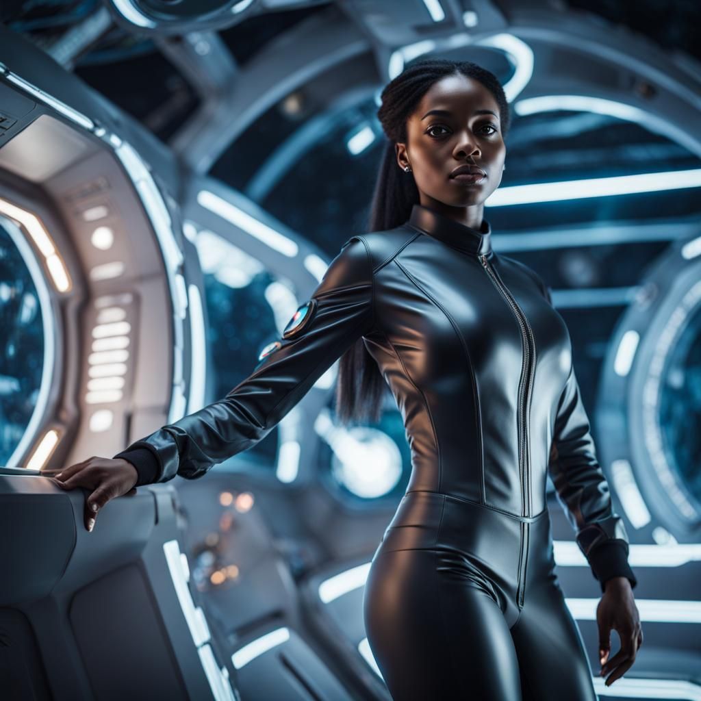 Confident Woman in Spaceship Living Quarters