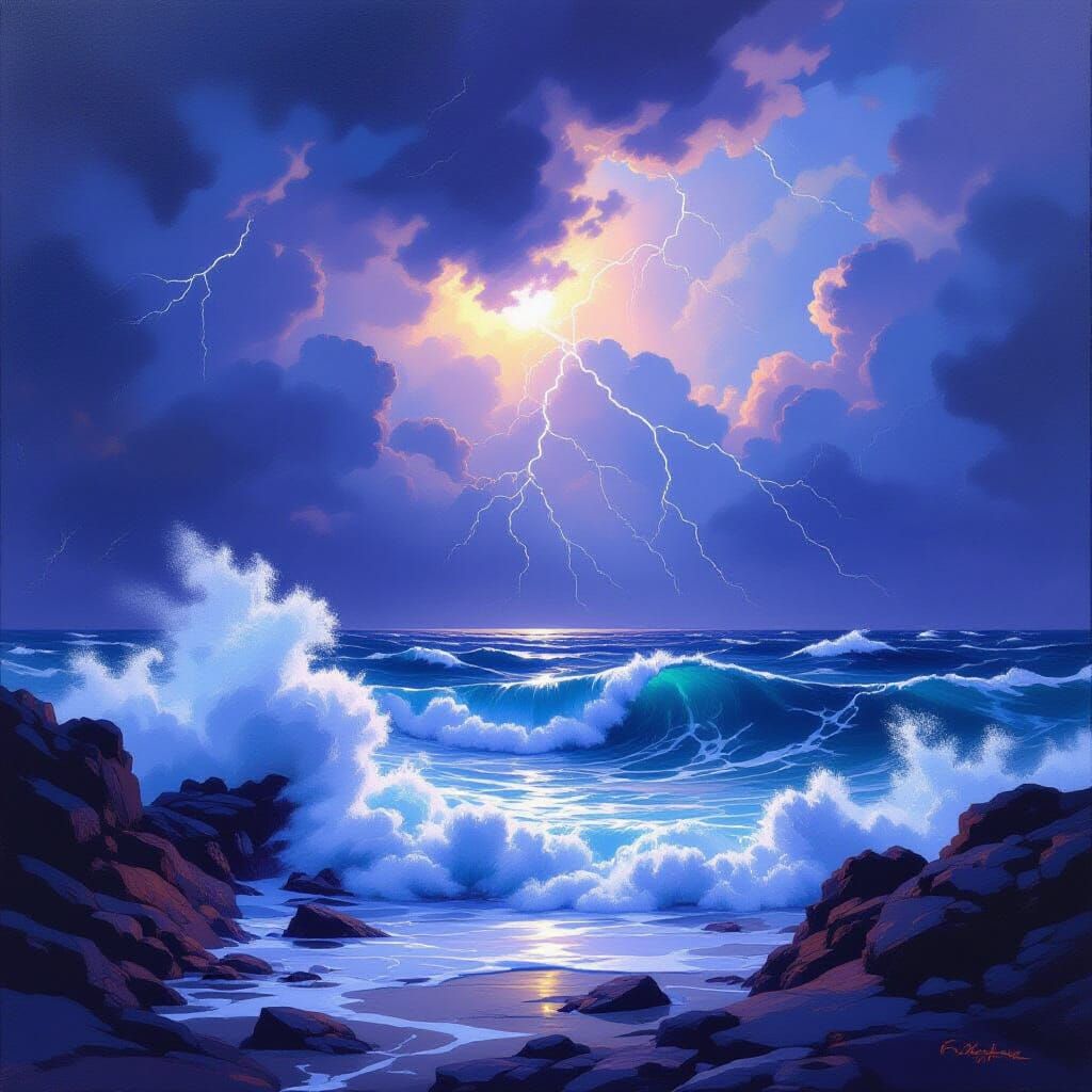 Powerful Storm Over Ocean in Expressive Oil Painting Style