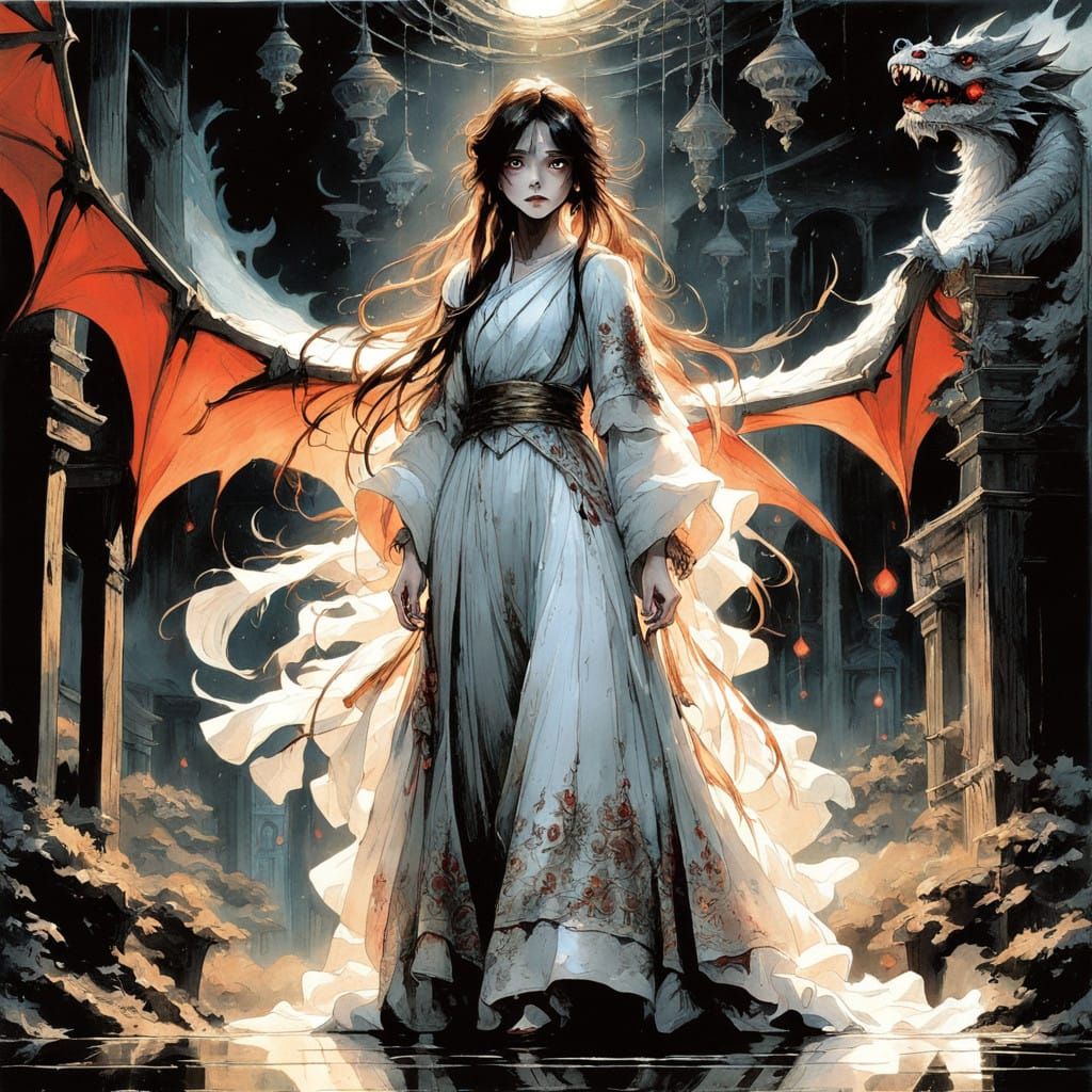 Mystical Woman in Attic Confronts Majestic Dragon