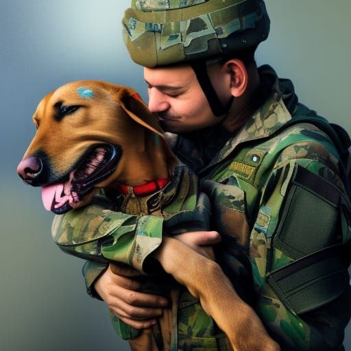 Hyperrealistic Soldier and Dog Embrace