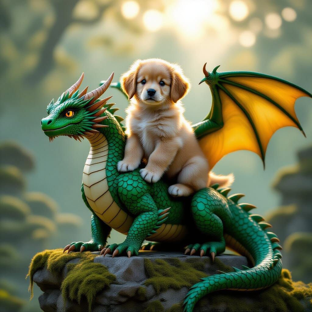 Golden Retriever Puppy Rides Majestic Dragon in Ethereal For...