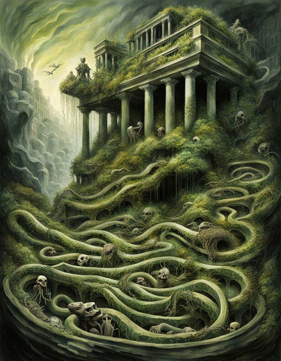 Eerie Sci-Fi Maze of Bones: Digital Watercolor