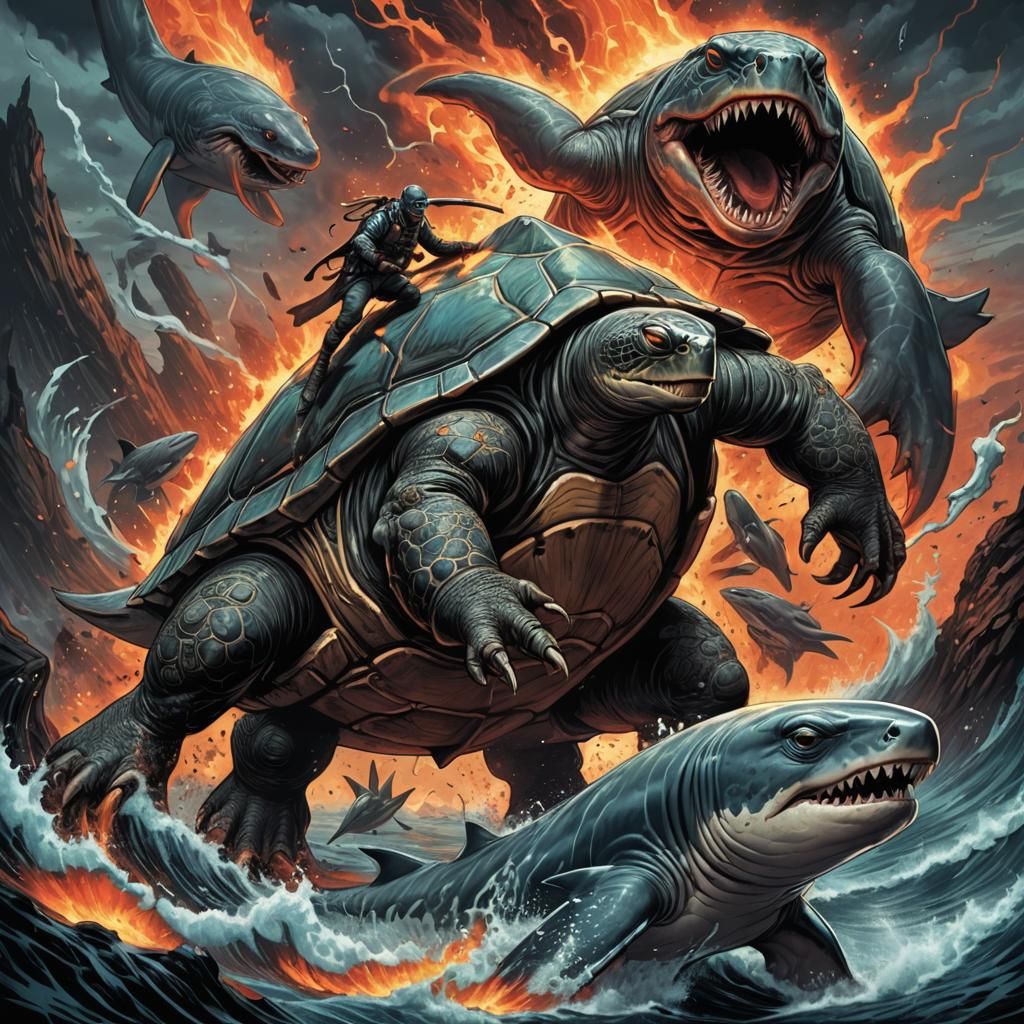 Lava Shark vs Giant Turtle: Comic Book Art