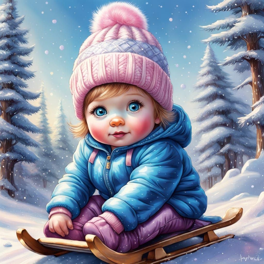 Cartoon Baby on Sled with Snowman in Winter Wonderland