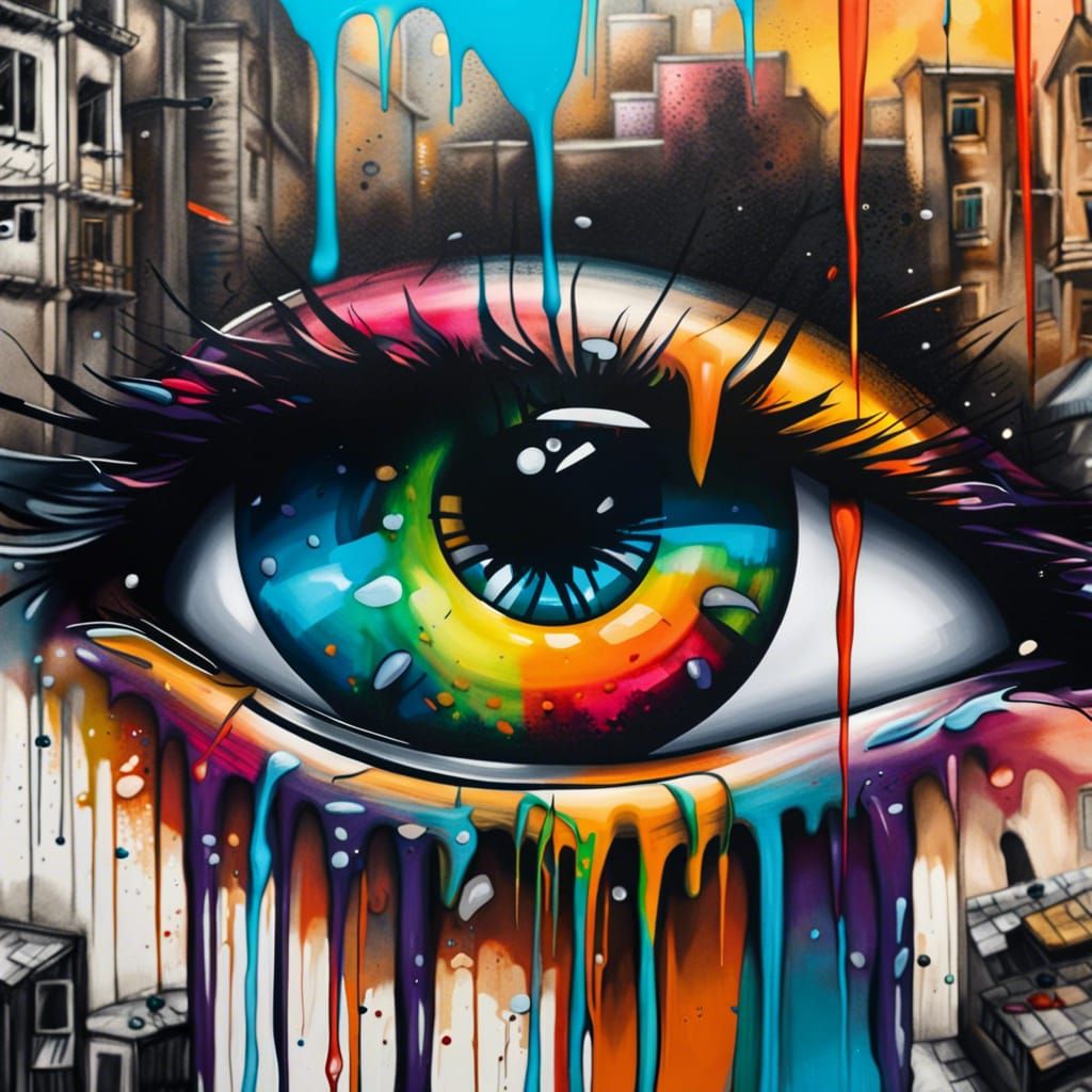 Eye Reflecting Destroyed City in Graffiti Art Style