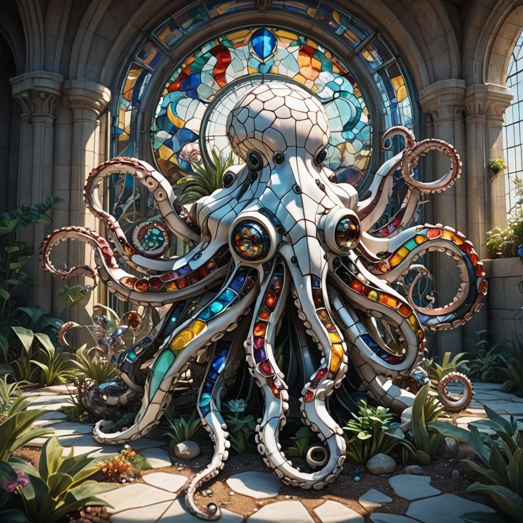 Stained Glass Biomechanical Octopus Sci-Fi Art