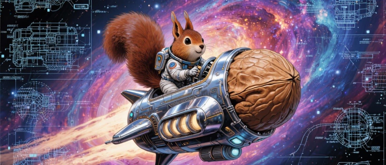 Squirrel Pilot in Retro Spaceship Navigates Colorful Nebula