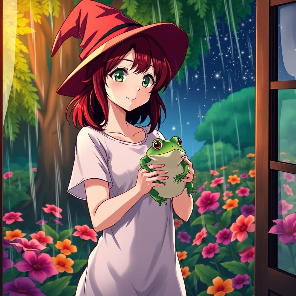 Anime Woman in Witch's Hat, Surrounded by Vibrant Flowers in...