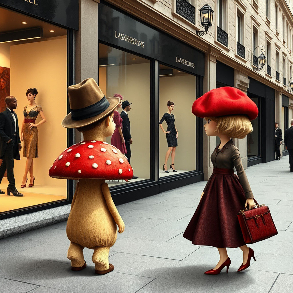 Stylish Mushrooms Admire Human Models in Fashionable City