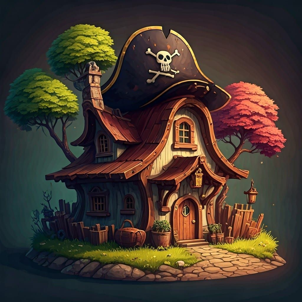 Whimsical Pirate Captain's Lair in a Lush, Vibrant Landscape