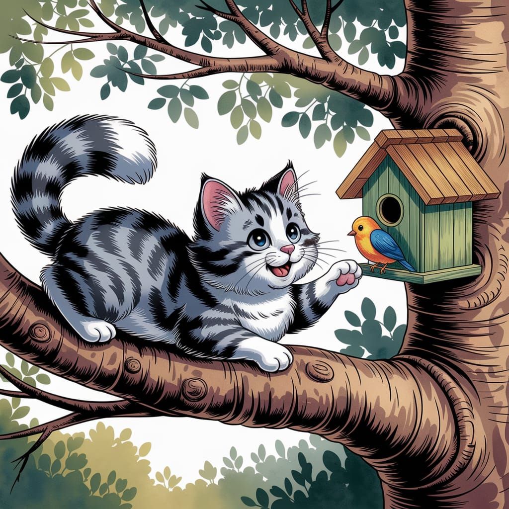 Whimsical Watercolor Illustration of Chibi Cat and Bird