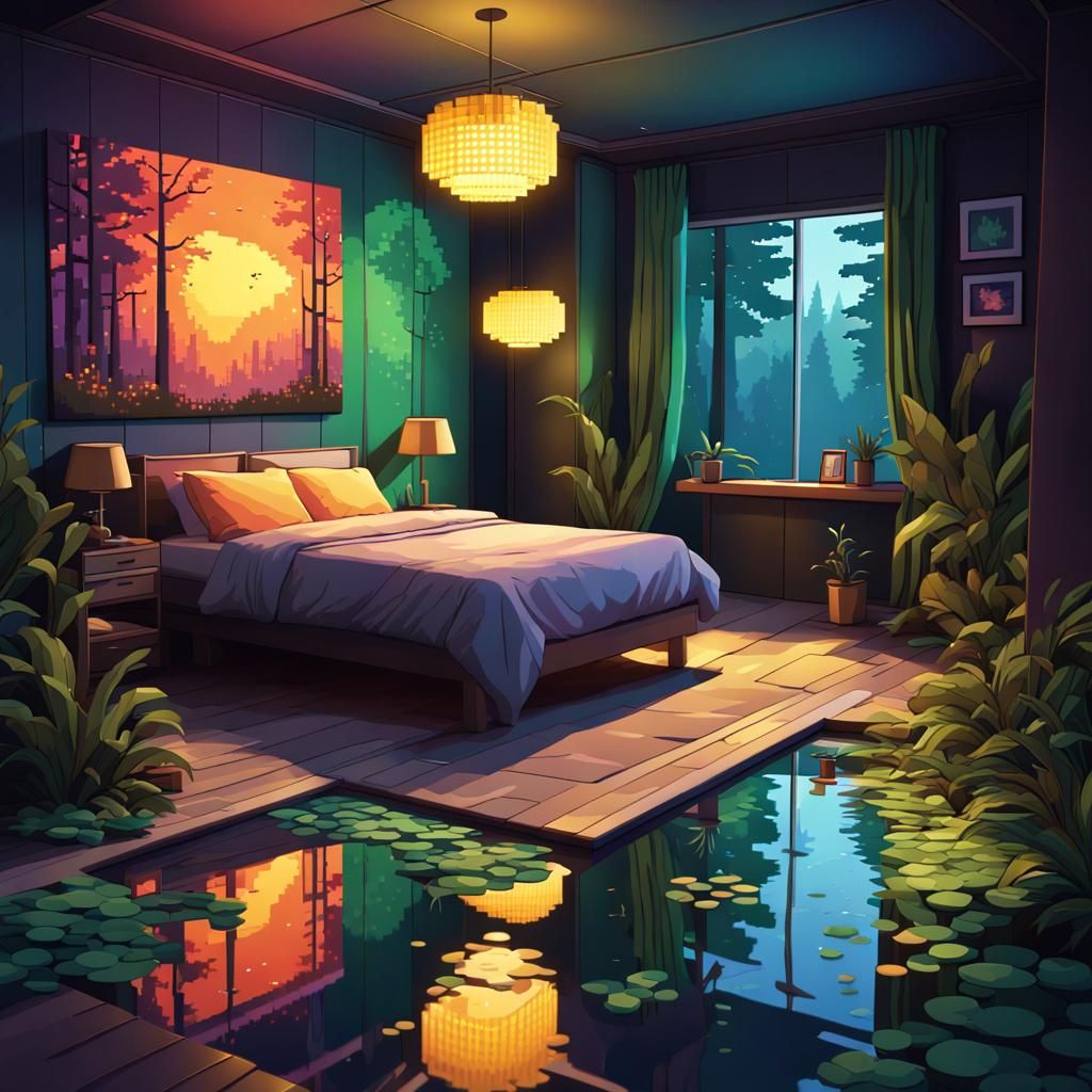 8 Bit Pixel Bedroom with Firefly and Forest Theme