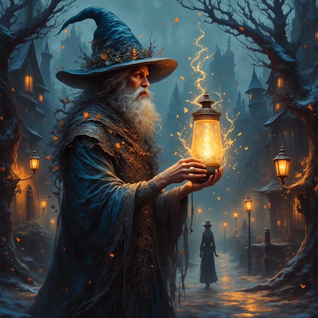 A magician lamp lighter of old Victorian city streets