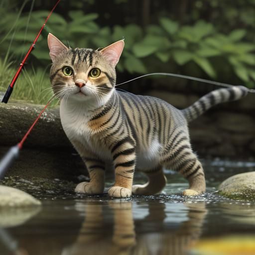 A tabby cat holding a fishing rod