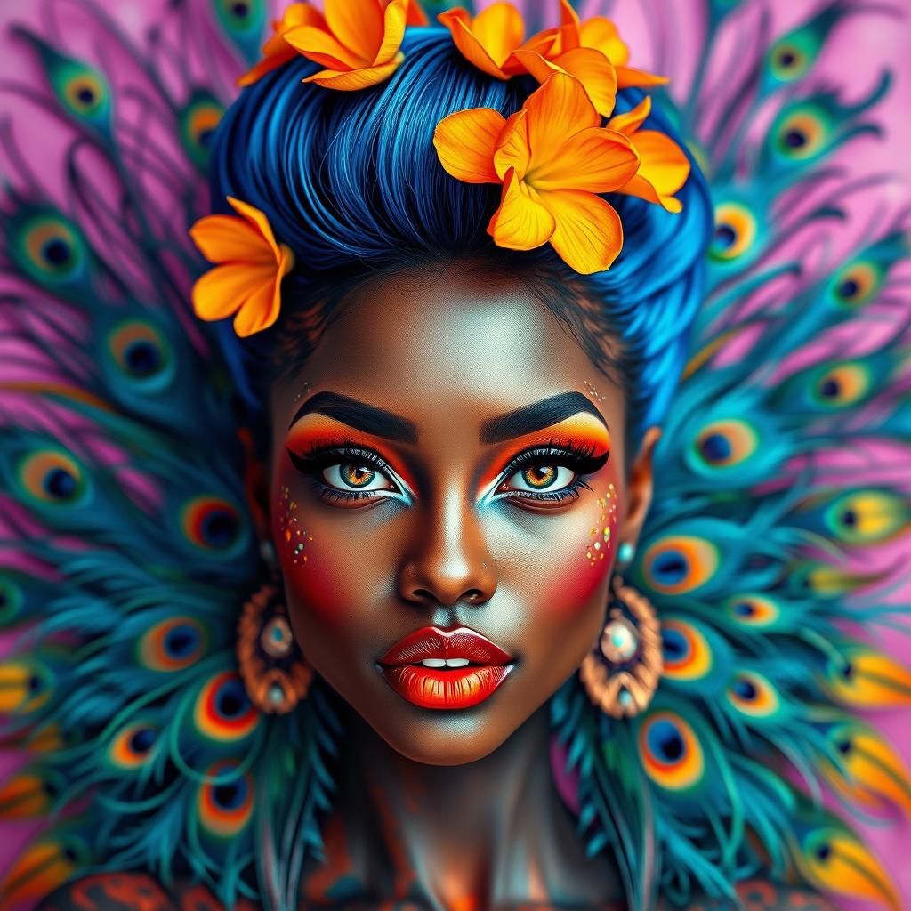 Vibrant Woman with Peacock Feathers in Digital Gouache Style