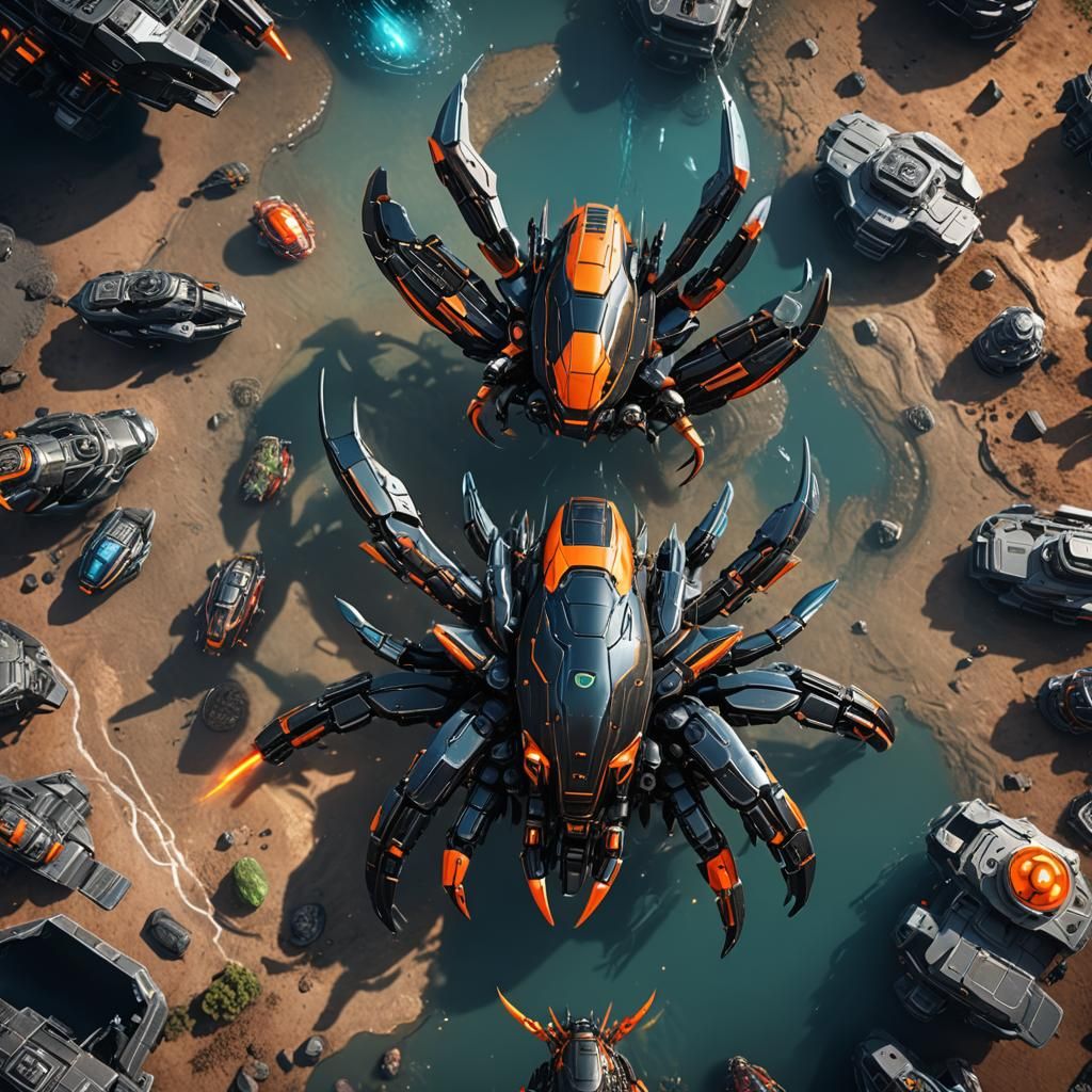 Crab Mech Battles Manta Ship in Space