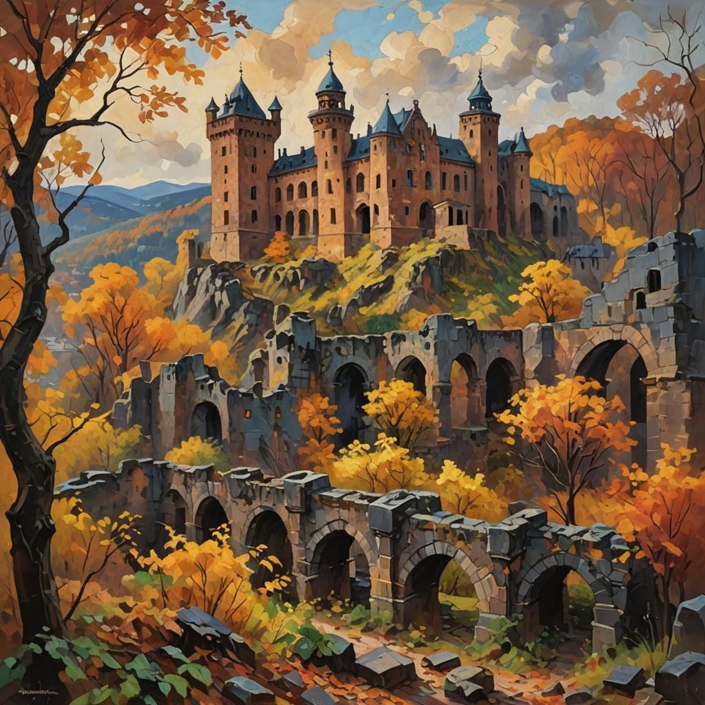 Heidelberg Castle Ruins in Neo-Impressionist Oil Painting