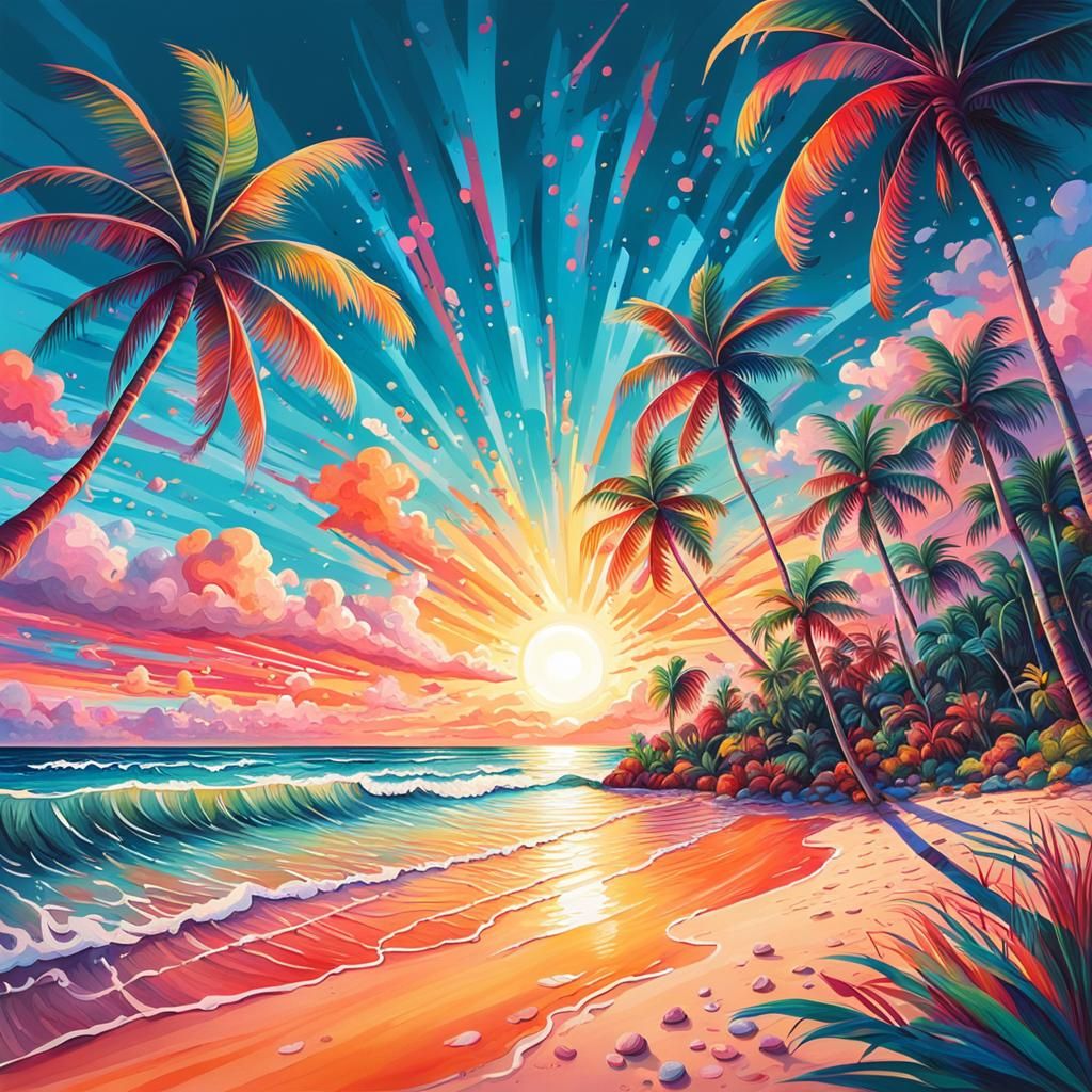 Tropical Beach Sunset in Gouache Swirls