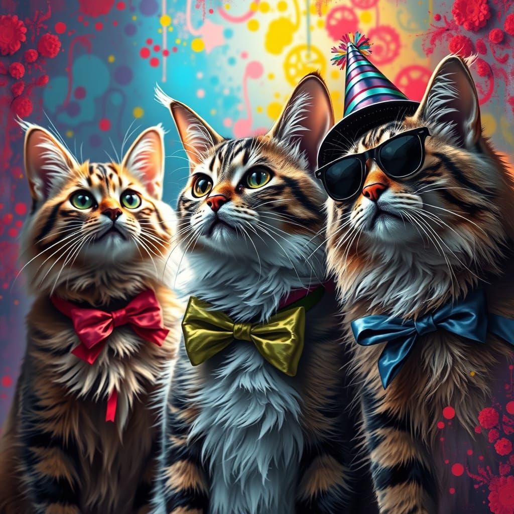 Vibrant Party Cats in Hyperrealistic Art