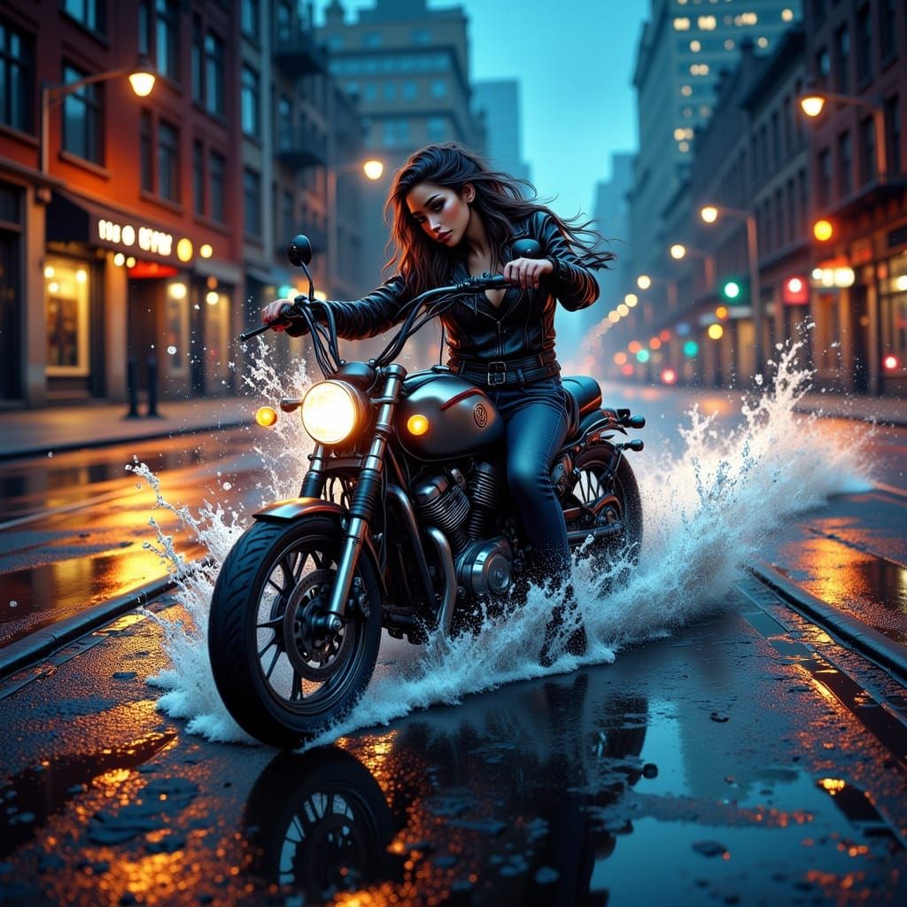 Motorcycle Rider Falls into Puddle at Dusk
