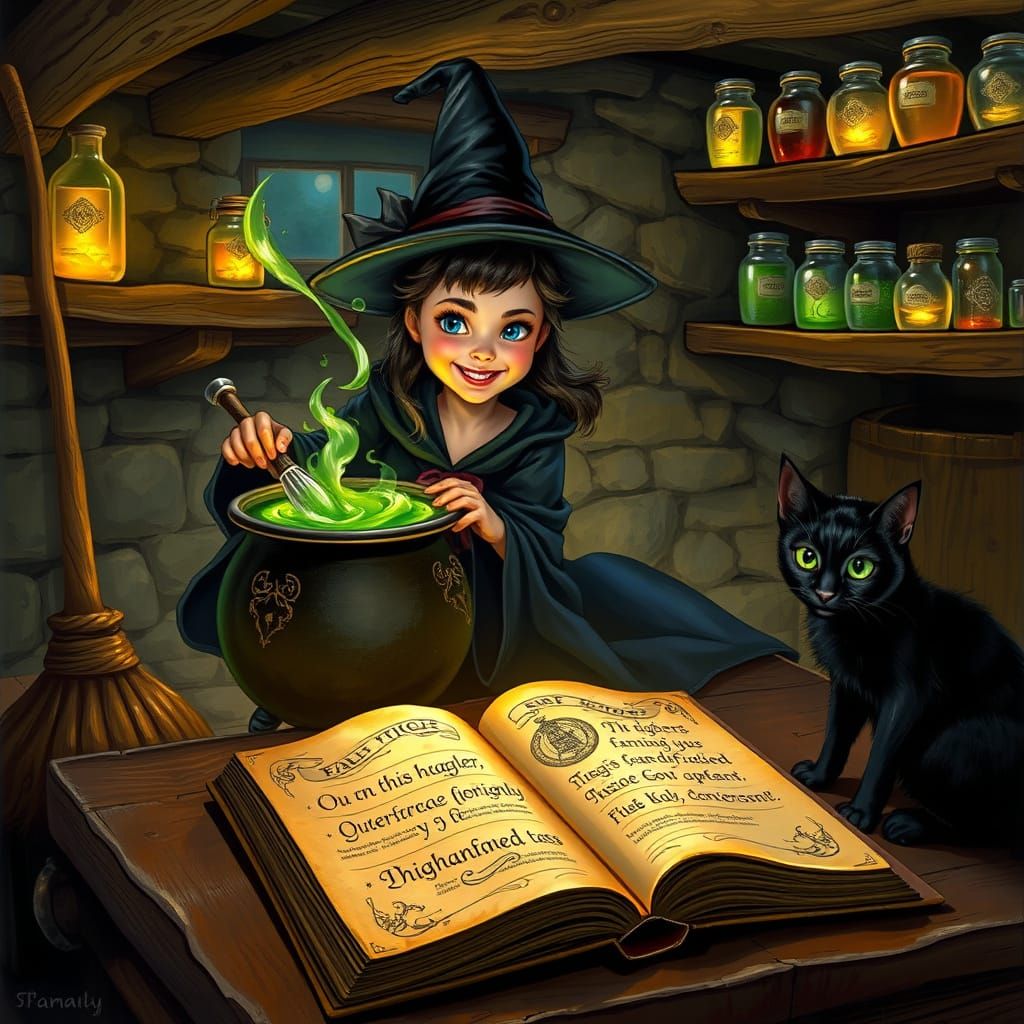 Mystical Young Witch Stirs Cauldron in Cozy Cottage