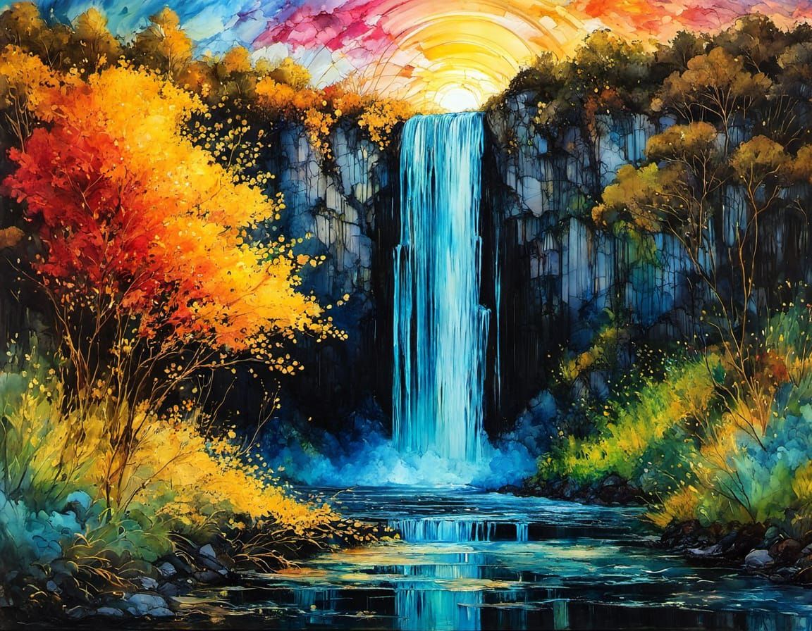 Vibrant Encaustic Sunset on Golden Ratio Waterfall