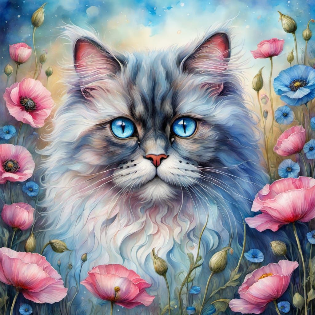 Persian cat and poppies