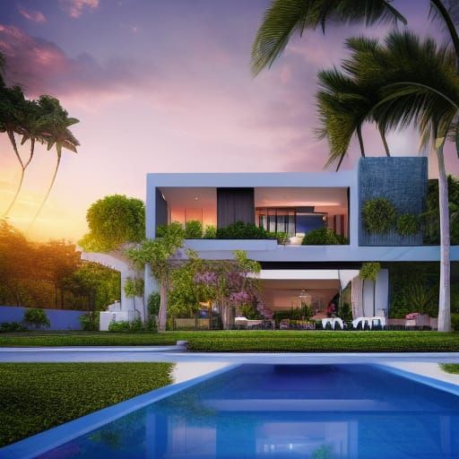 Miami Mansion with Pool at Sunset