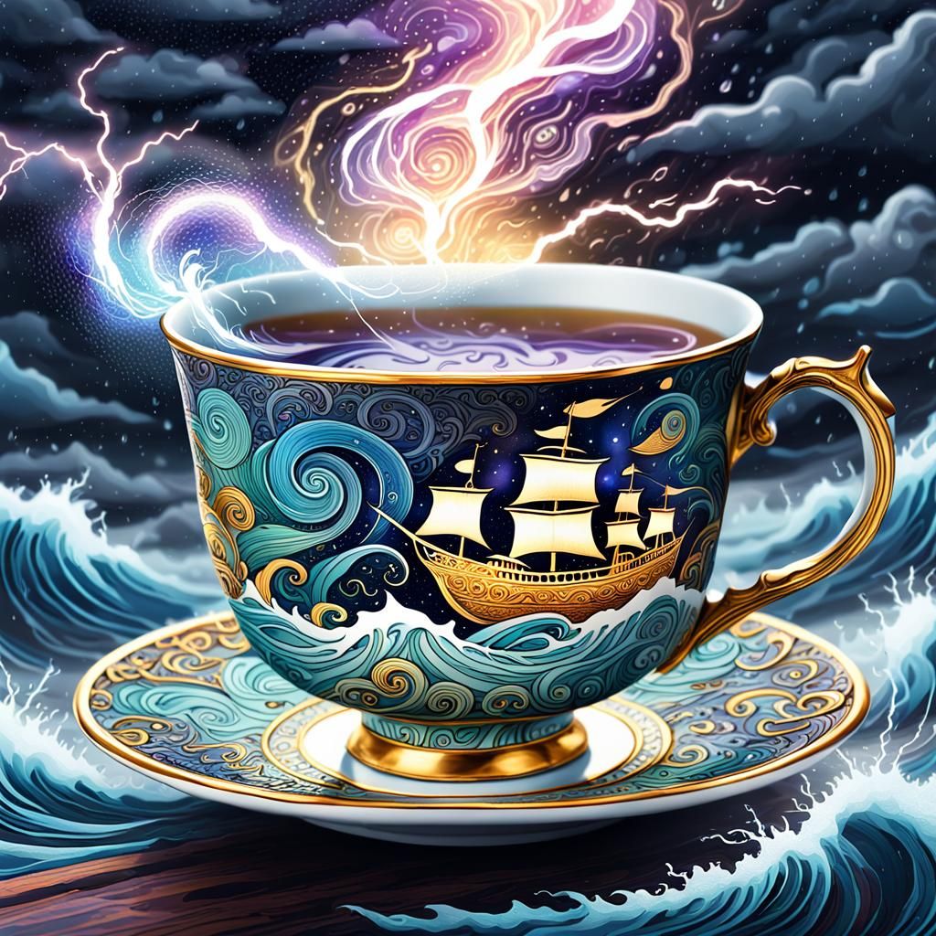 Cosmic Galleon Ship in Floral Teacup Illustration