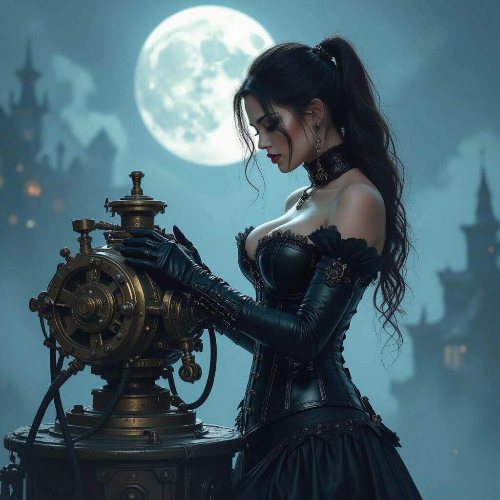 Gothic Woman Embraces Steampunk Machine in Digital Painting