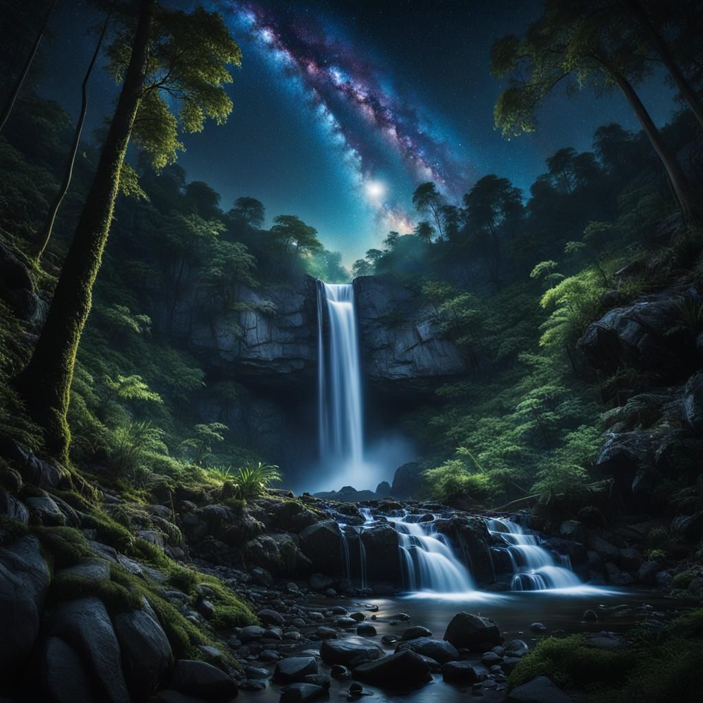Night Waterfall in Lush Forest with Galaxy Sky