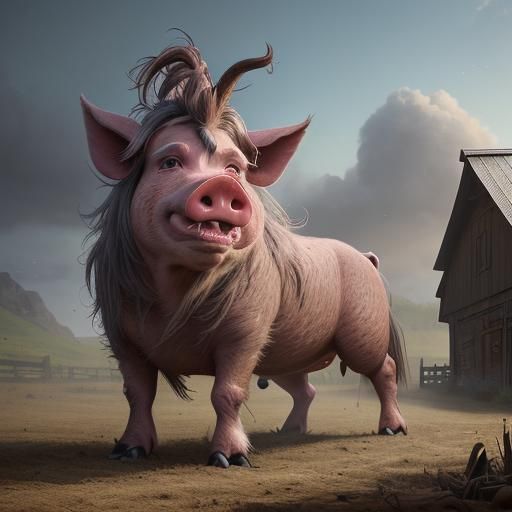 Angry Pig Dominates Horse: Photorealistic Barnyard Scene