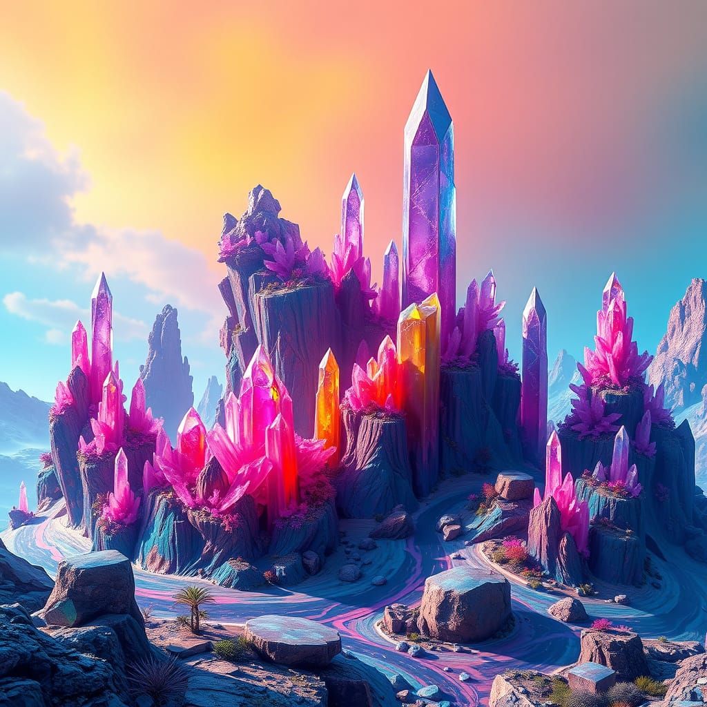 Crystalline Fantasy Landscape in Detailed Matte Painting Sty...