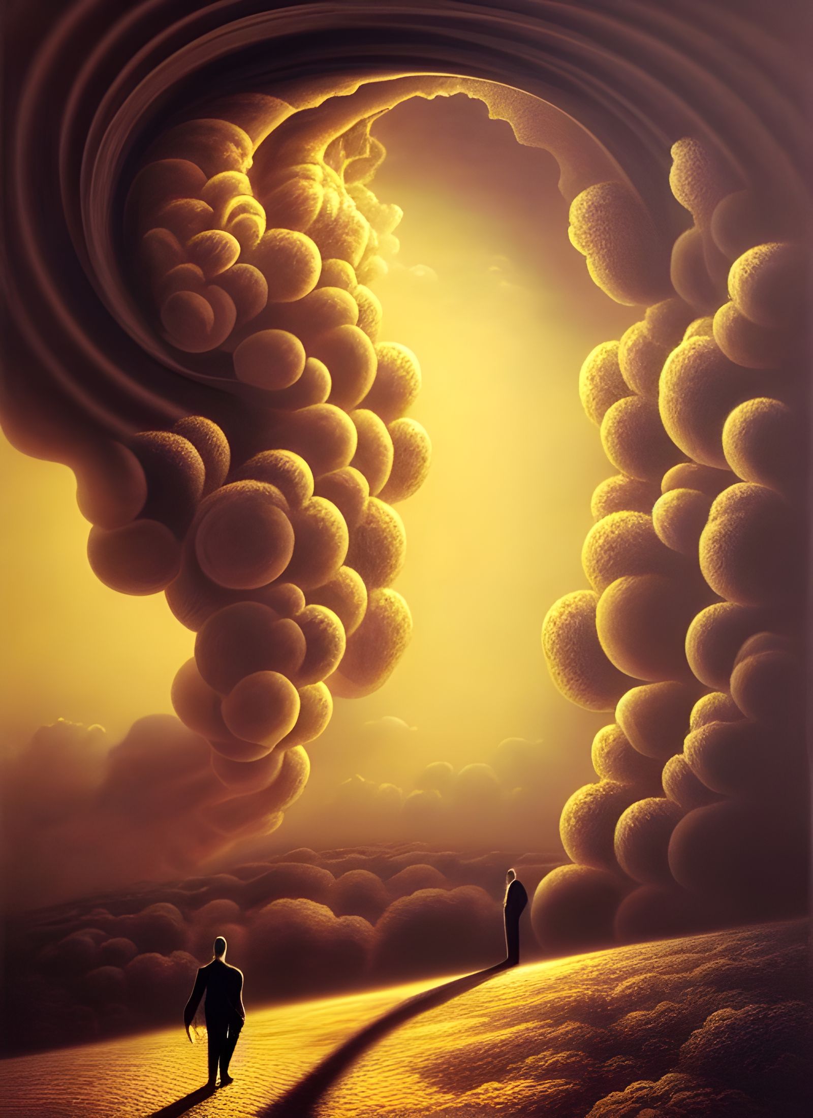 Surreal World Walker on Spiraling Golden Clouds
