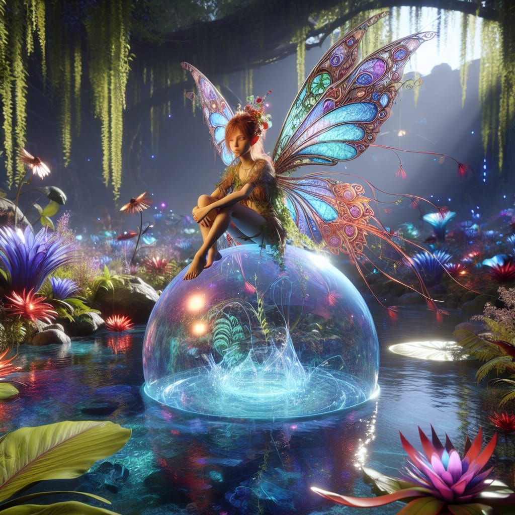 Fairy with Stained Glass Wings on Glowing Bubble