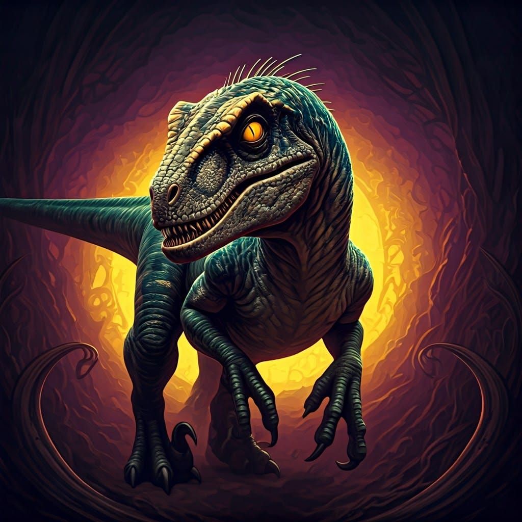 Bioluminescent Velociraptor in Fantasy Landscape, Digital Ar...