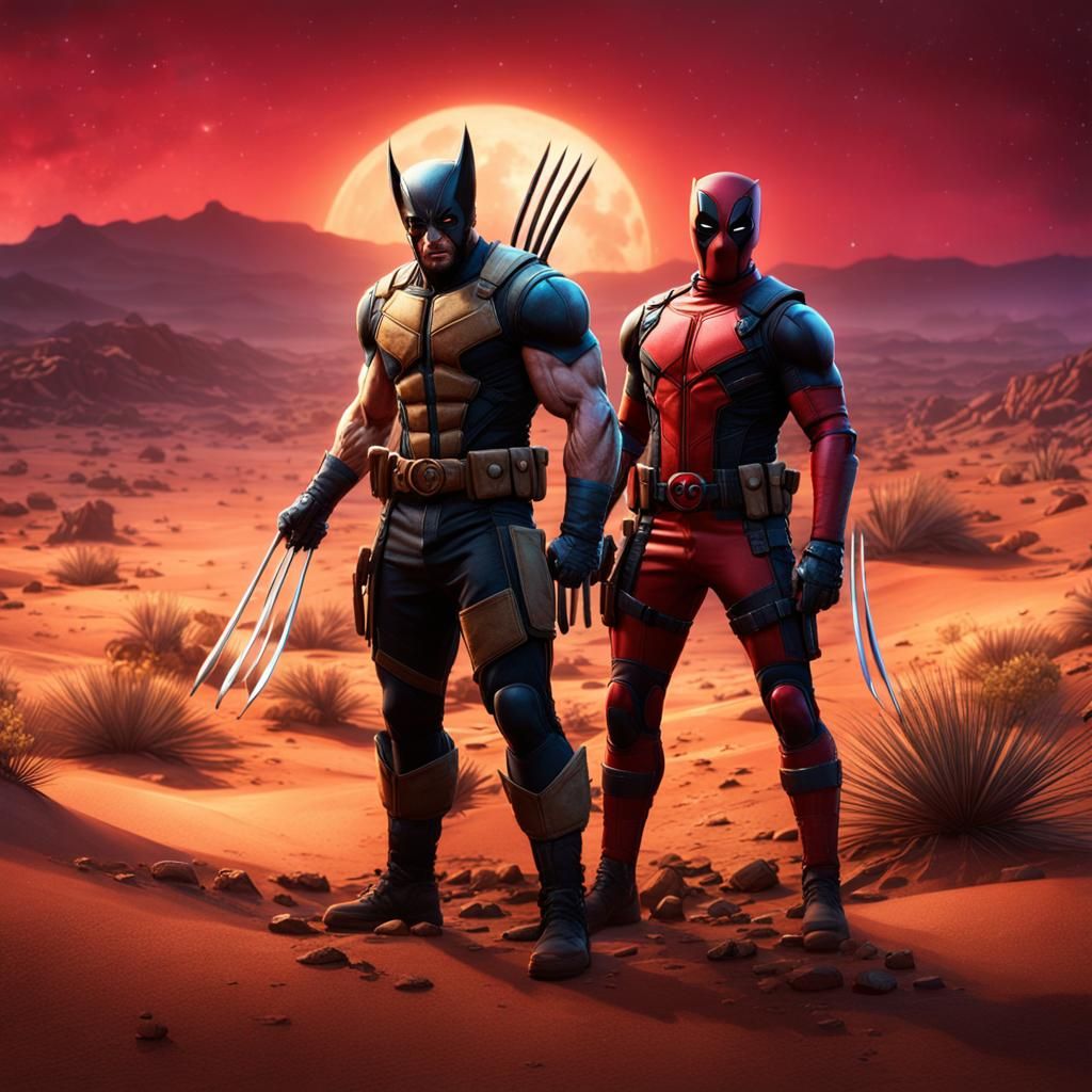 Wolverine and Deadpool in Midnight Desert Landscape