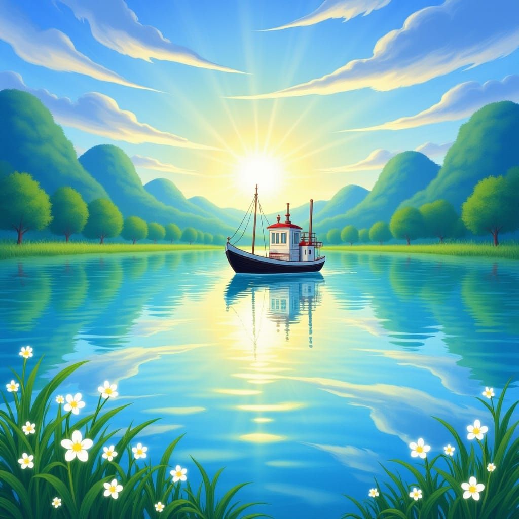 Ethereal Pond with Miniature Tugboat and Steamboat