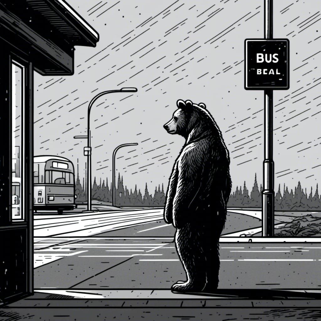 Bear Waiting for Bus in Vector Line Art